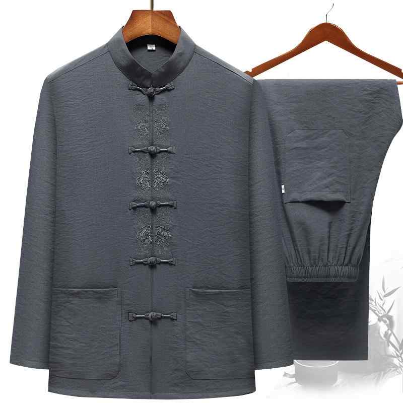 メンズ 秋 春 長袖 紳士服 中華風 綿 リネン 唐 スーツ 高齢者 リネン スーツ 刺繍入り おじいちゃん お父さん 衣装