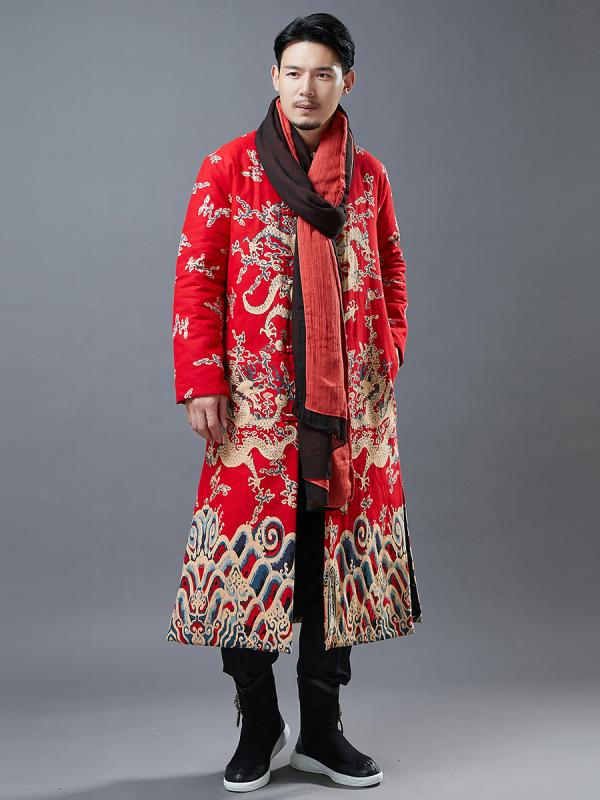 ジャケット メンズ 冬 中華風 ファッション 厚手 綿 唐 スーツ スタンドカラー 中華風 ファッション 綿 ロング プレート ボタン 綿 リ..