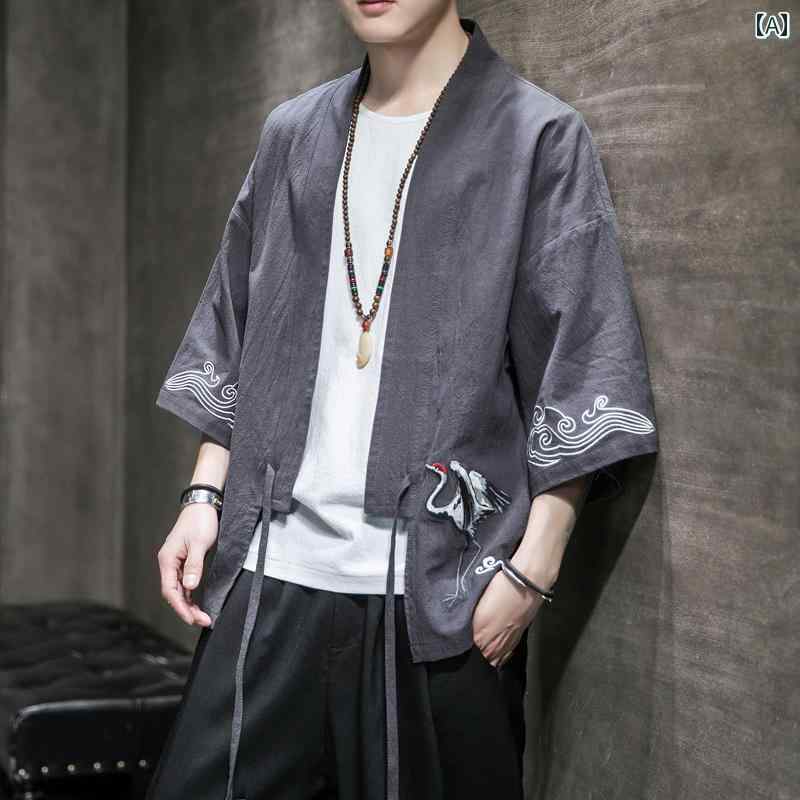 ジャケット メンズ 中国 唐 スーツ 刺繍 漢服 中華風 ファッション マント 着物 エスニック リネン ガウン