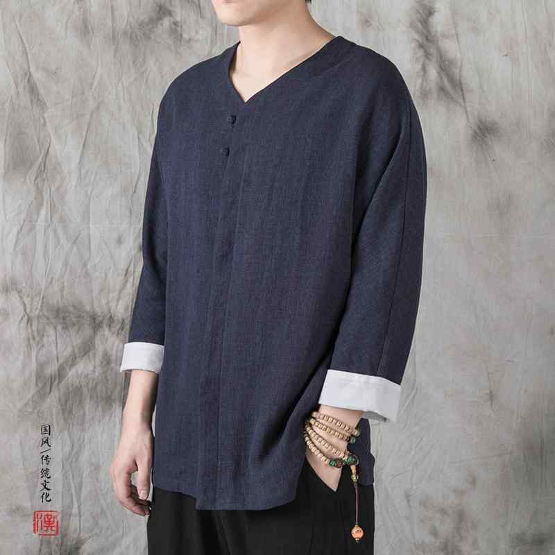 シャツ メンズ 春 長袖 修行服 カンフー 太極拳 綿 リネン 中華風 ジャカード ドレープ リネン トップス レトロ 瞑想 漢服
