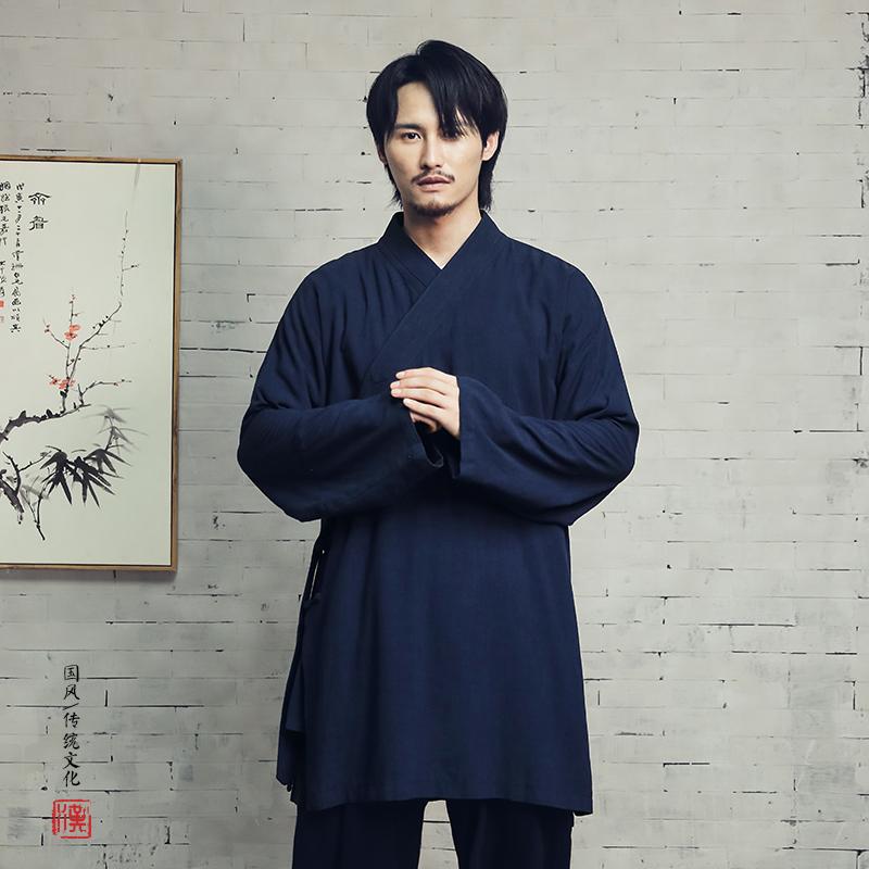 メンズ 秋 春 武道 道教 ローブ 道教 服 斜め 胸 太極拳 スーツ リネン ティー スーツ 中華風 在家 瞑想 漢服