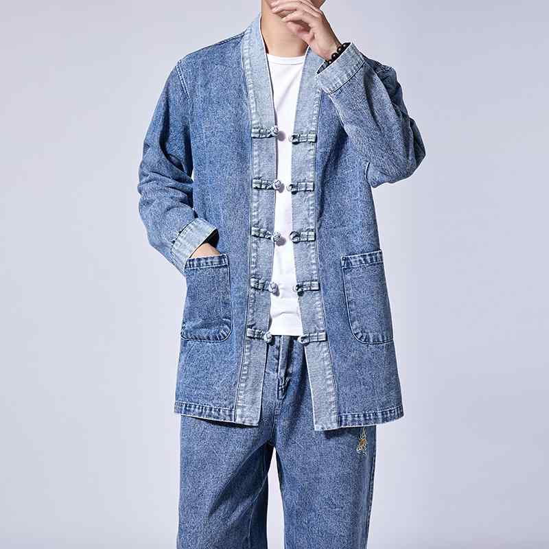 ジャケット メンズ 中華風 デニム スーツ レトロ バックル 刺繍 唐 スーツ スタンドカラー ゆったり