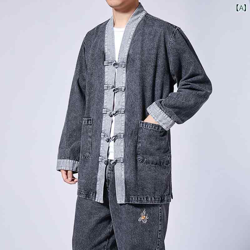 ジャケット メンズ 中華風 デニム スーツ レトロ バックル 刺繍 唐 スーツ スタンドカラー ゆったり