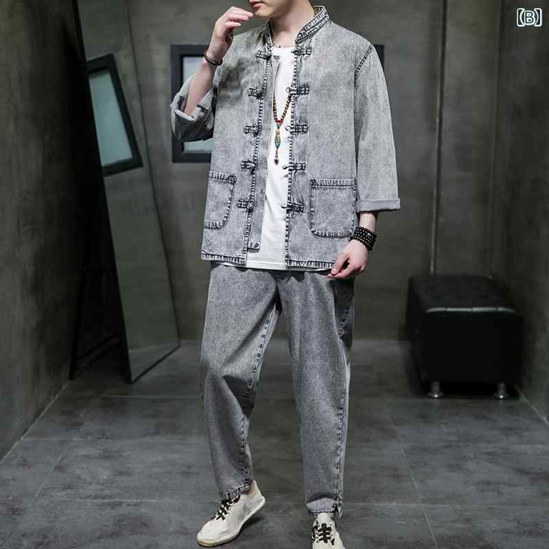 ジャケット メンズ 中華風 デニム スーツ レトロ バックル 刺繍 唐 スーツ スタンドカラー ゆったり