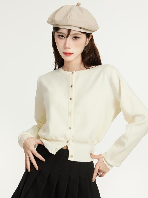 ジャケット レディース 秋 冬 長袖 ニット アプリコット カーディガン フェミニン 優しい ガーリー 着痩せ ショート トップス