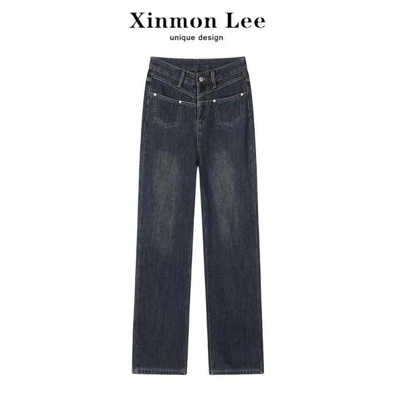 パンツ レディース 秋 冬 カジュアル レトロ ハイウエスト ストレート ジーンズ ズボン ベルベット スリム 床 長さ ズボン(4)