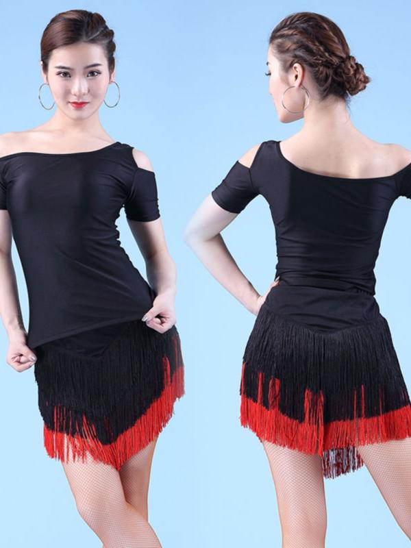 スカート レディース 秋 春 エレガント ラテン ダンス タッセル 大人 ルンバ チャチャ ブラック モダン ダンス 競技 服