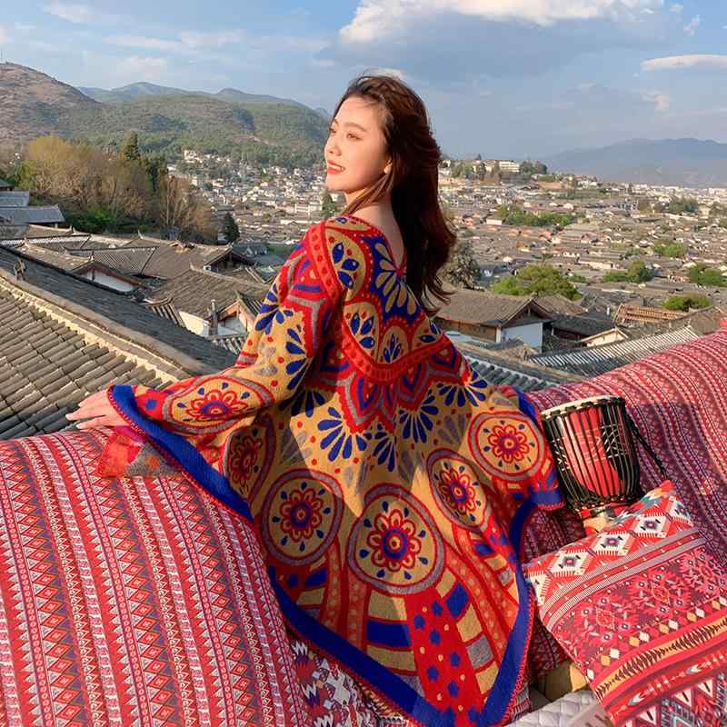 レディース 秋 冬 ショール おしゃれ 北西部 エスニック 旅行 ウェア マント ショール 暖かい ウイグル ブランケット スカーフ