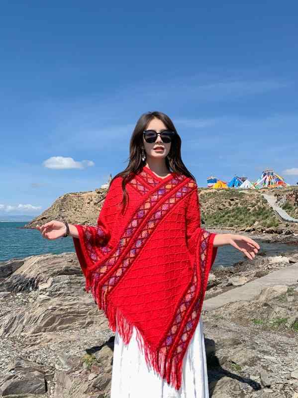 レディース ニット ショール おしゃれ レトロ エスニック ショール プルオーバー ケープ トラベル ウェア 暖かい 赤い スカーフ