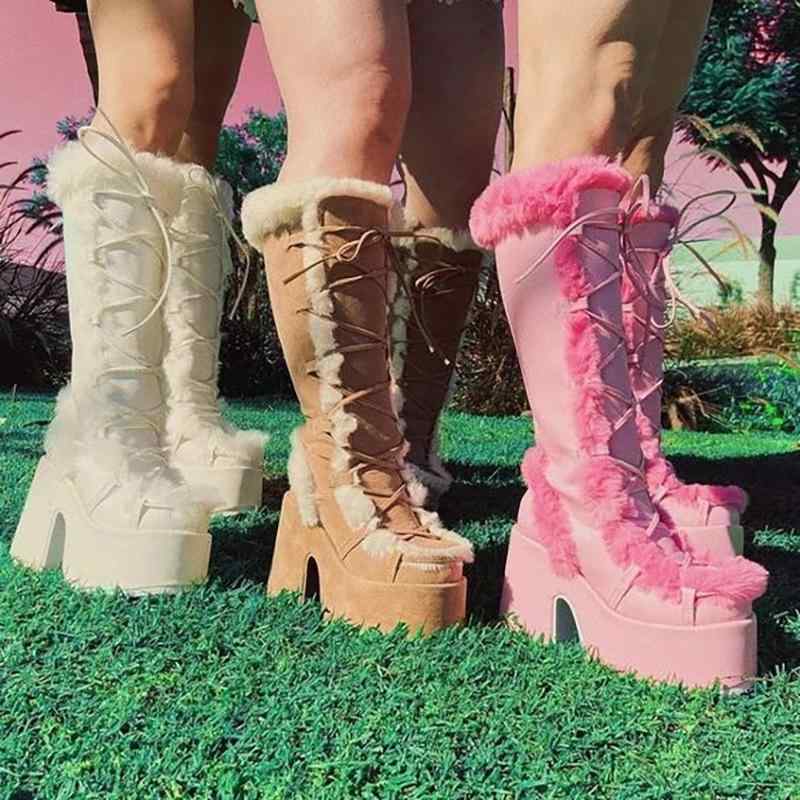 レディース ブーツ デモ ニア ミレニア ル ホット ガール スノー ブーツ 毛皮 レースアップ 厚手 ヒール ハイ ブーツ ゴシック 厚底 プラットフォーム ...