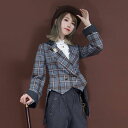 ジャケット レディース ウール 薄手 ブルー グレー 織 チェック柄 レトロ 英国 乗馬 スーツ