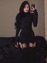 ドレス レディース 長袖 セクシー ダーク キラー フィンガー ハーフ タートルネック スリム ヒップ ショート ソックス 2点 セット