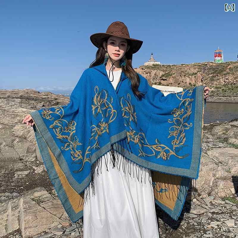 レディース 秋 冬 ショール おしゃれ 草原 旅行 衣装 エスニック 暖かい ショール フード マント 2