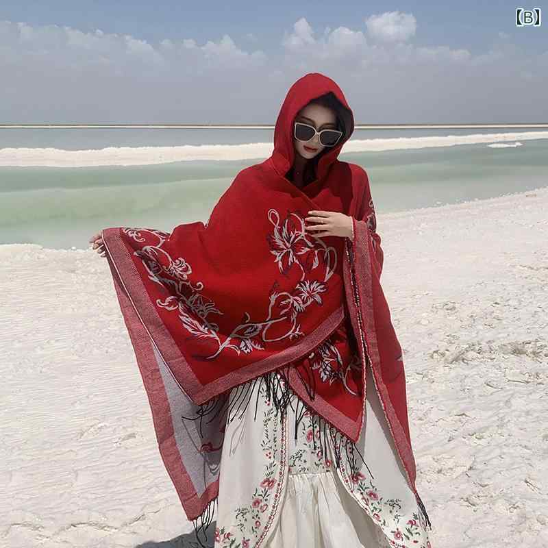 レディース 秋 冬 ショール おしゃれ 草原 旅行 衣装 エスニック 暖かい ショール フード マント 3