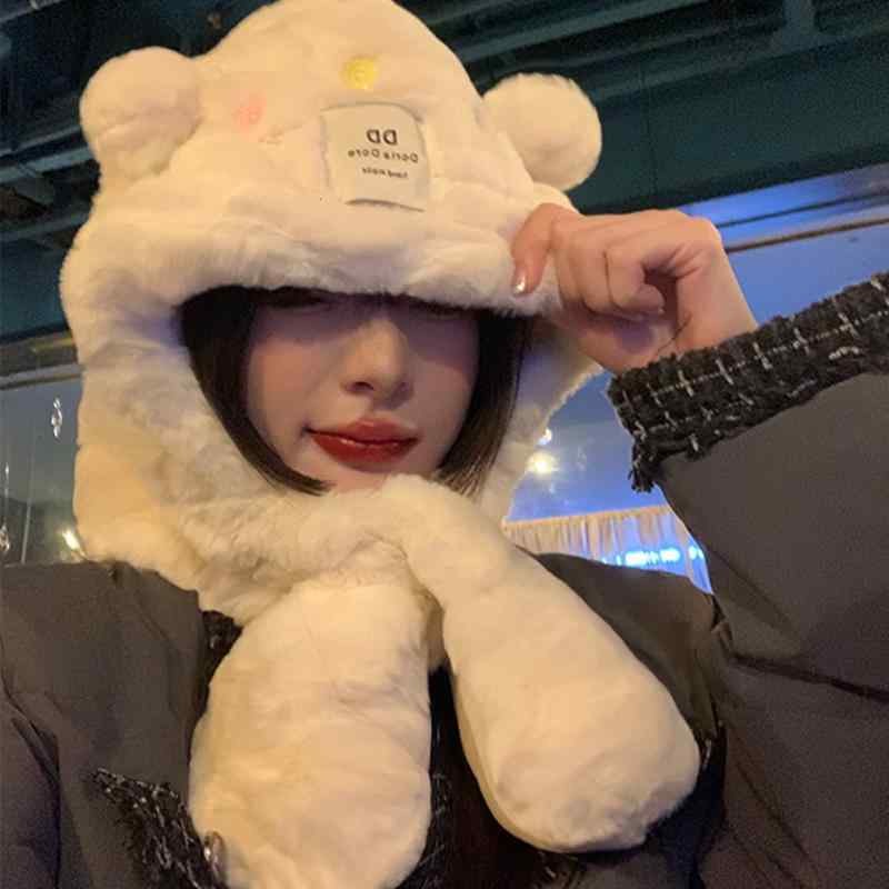 レディース 秋 冬 かわいい クマ 耳 ぬいぐるみ 帽子 スカーフ オール イン ワン 暖かい 耳保護 ロシア..