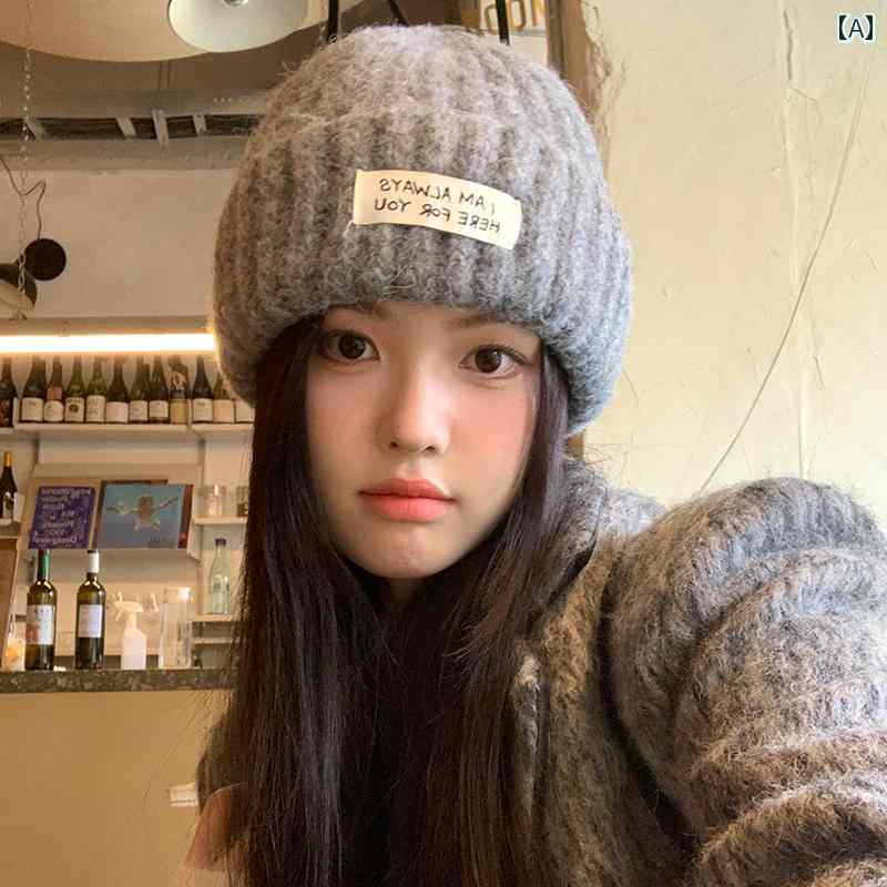Knit Hat - ニット帽 カジュアル 帽子 レディース 女の子 耳保護 ウール 秋冬 暖かい 大きめ 頭囲 グレー 防寒 かわいい
