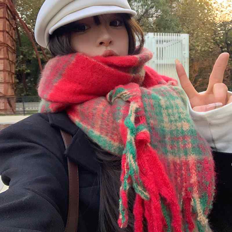 レディース 冬 雰囲気 赤 緑 チェック柄 スカーフ レトロ モヘア 暖かい 厚手 ロング タッセル ショー..