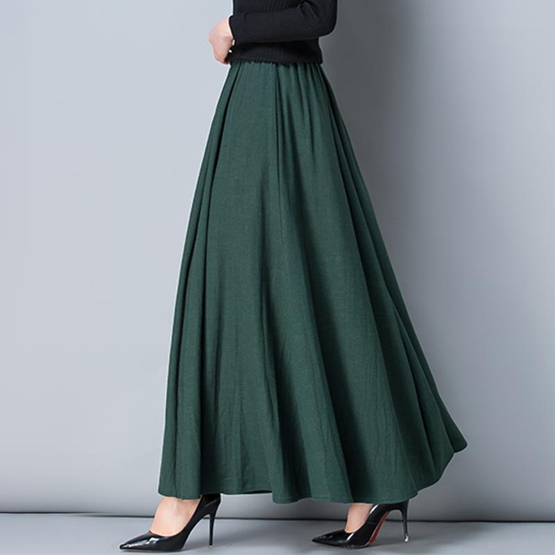 スカート レディース 秋 冬 綿 リネン ハーフ レングス ハイウエスト スイング レトロ 無地 ミドル丈 大きいサイズ