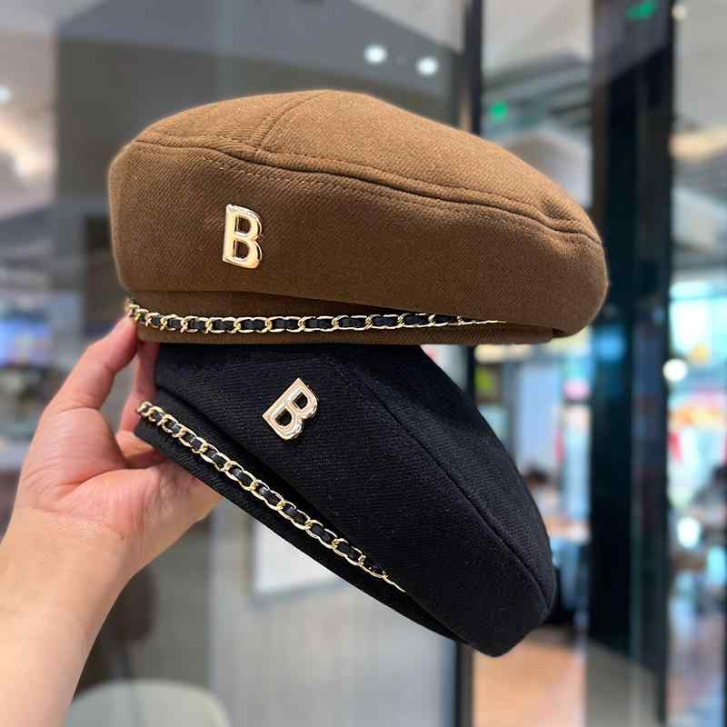 レディース 秋 冬 ウール ベレー 帽 韓国 甘くて クール チェーン ファッション レター ペインター ハット つぼみ 帽子