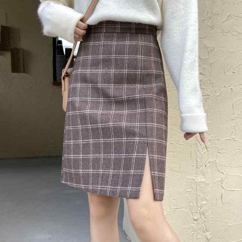 スカート レディース ウール コーヒー チェック柄 レトロ ショート 小 ミドル ハイウエスト M 大きいサ..
