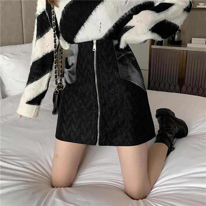 Other - スカート レディース 秋 冬 ボトムス ぽっちゃり ガールズ 大きいサイズ ベルベット PU レザー スプライシング ジッパー a ライン ヒップ カバー イン ホット ショート