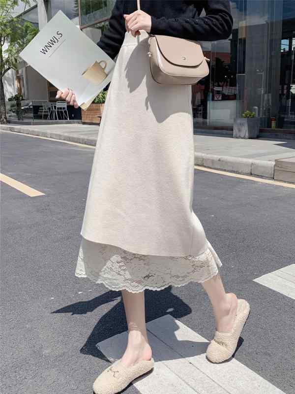 スカート レディース 秋 冬 ニット レース ハイウエスト 二 着 メッシュ ミドル丈 a ライン