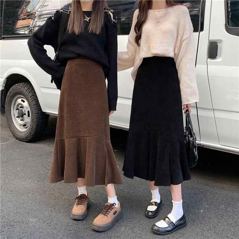 Corduroy - スカート レディース 秋 冬 コーデュロイ フィッシュ テール ミモレ丈 着痩せ ワン ステップ aライン