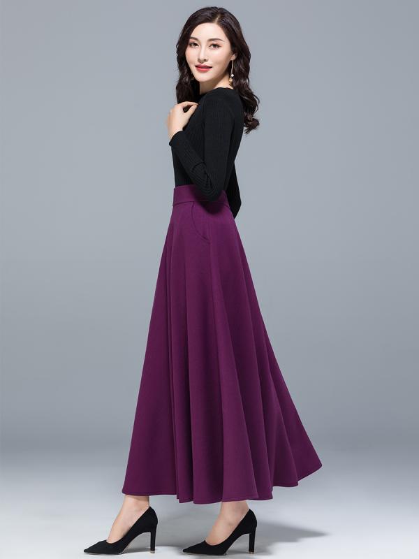 スカート レディース 冬 春 パープル 無地 大きいサイズ ロング ハイウエスト スリム a ライン 大 スイング ダンス
