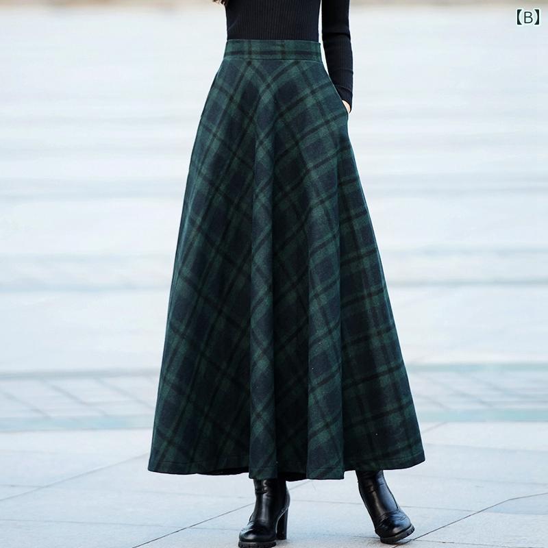 セキュアデポのスカート レディース 秋 冬 ウール 大きいサイズ ハイウエスト チェック柄 ロング ミドル丈 厚手 レトロ 大きい 裾 a ライン｜アングル3