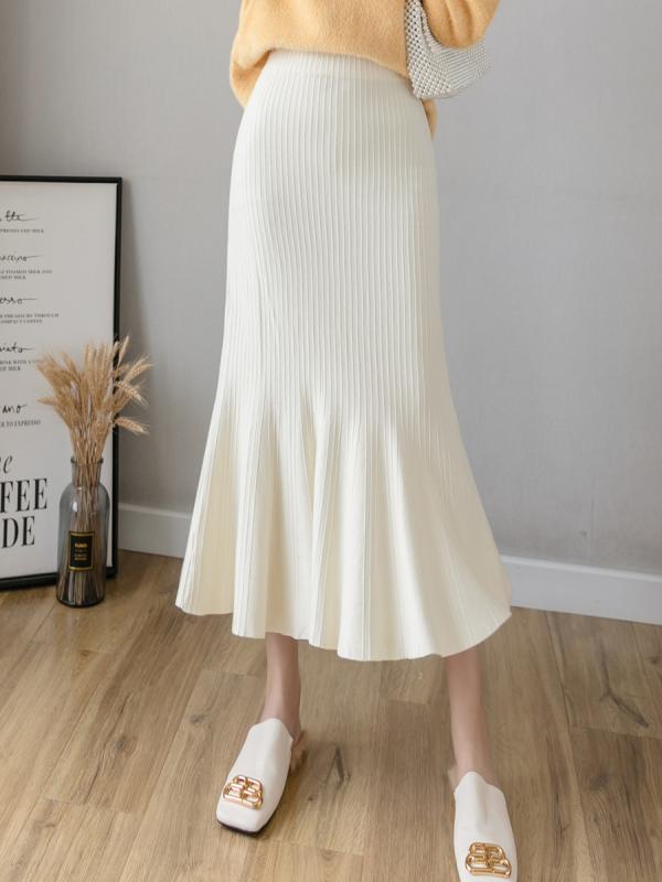 スカート レディース 秋 冬 ニット ハイウエスト ピット ストリップ ヒップ プリーツ a ライン ミドル丈