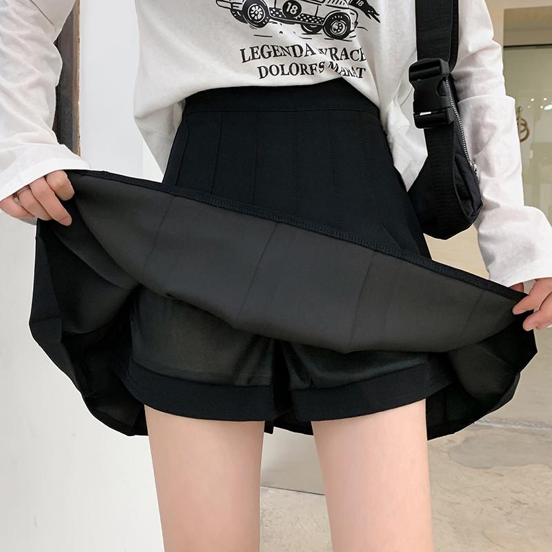 スカート レディース 秋 春 ボトムス ハーフ ファッション ハイウエスト a ライン プリーツ キュロット スリム 黒 ショート