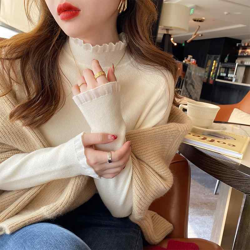 Turtleneck - シャツ レディース 秋 冬 長袖 ニット ハーフ タートルネック インナー トップス レース ホワイト セーター