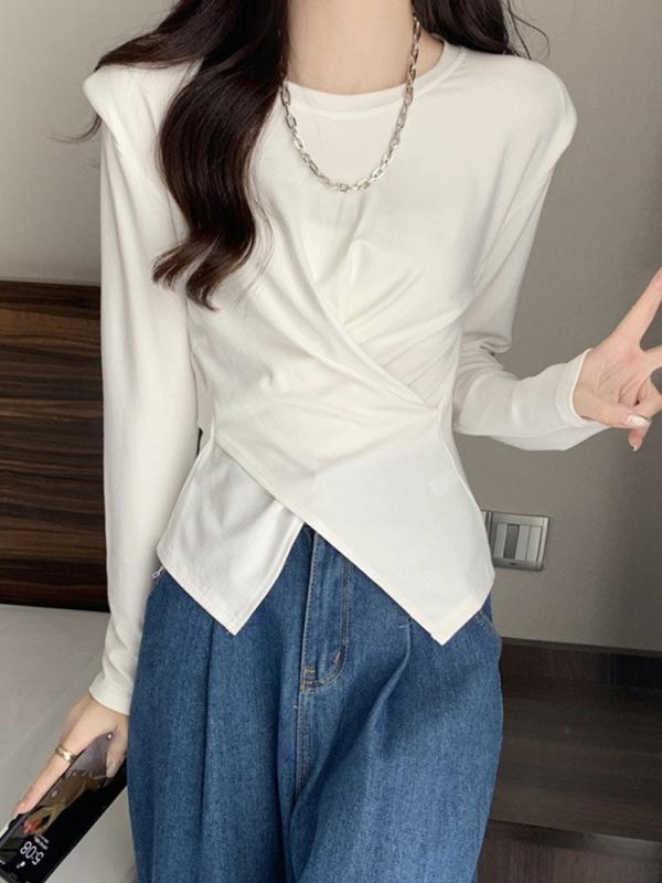 シャツ レディース 秋 冬 カジュアル 長袖 トップス ユニーク パッド入り ショルダー T 不規則 ウエスト ショート スーツ