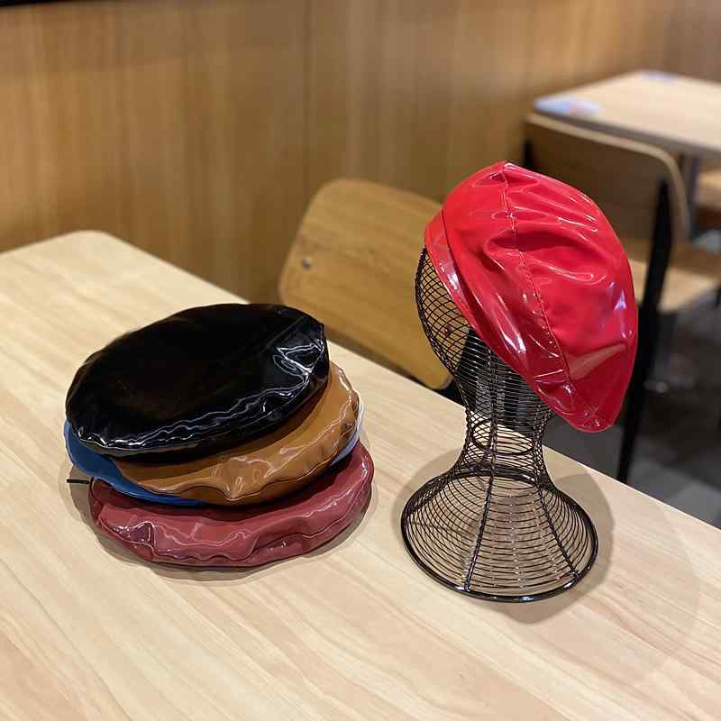レディース 秋 春 ベレー 帽 かわいい ソリッドカラー pu レザー 明い レザー フラット トップ 画家帽..