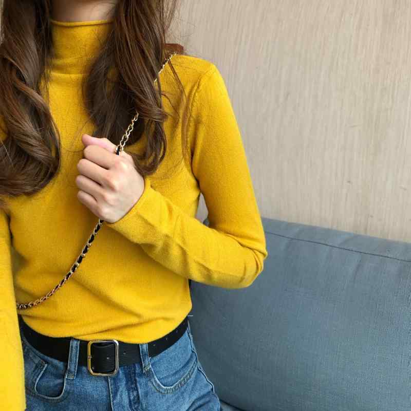 シャツ レディース ニット ファッション シック ガールズ ベーシック ジンジャー イエロー パイル カラ..