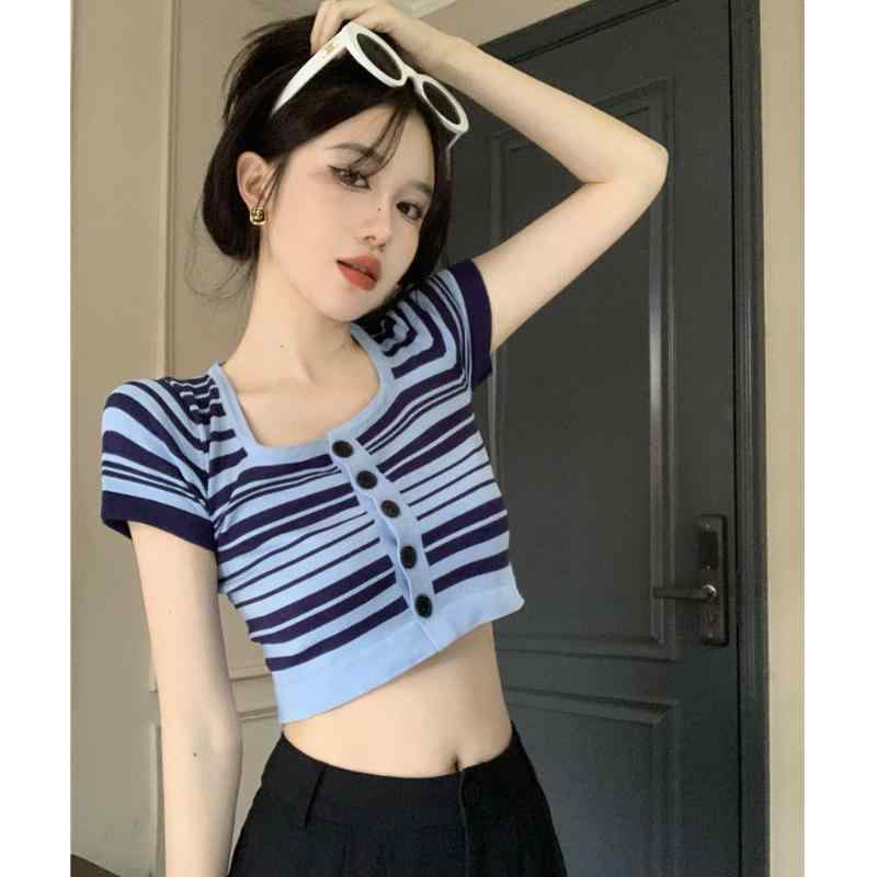シャツ レディース 夏 カジュアル ニット トップス ブルーストライプ スクエアネック 半袖 T 冷感 ショート スリム