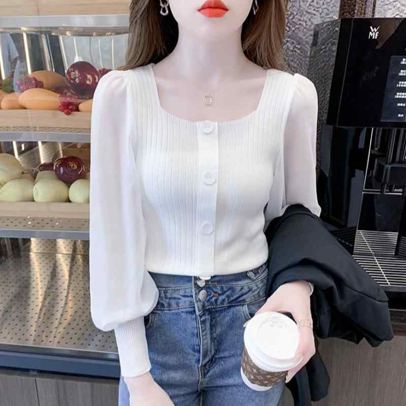 Square Neck - シャツ レディース 秋 長袖 スクエアネックセーター スリムフィット メッシュ ステッチ シック トップス