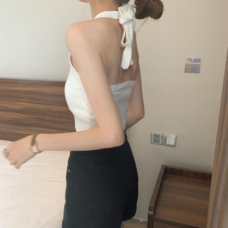 レディース 夏 ニット レースアップ ホルターネック キャミソール インナー ディザイア 美 バック スリム ショート トップス