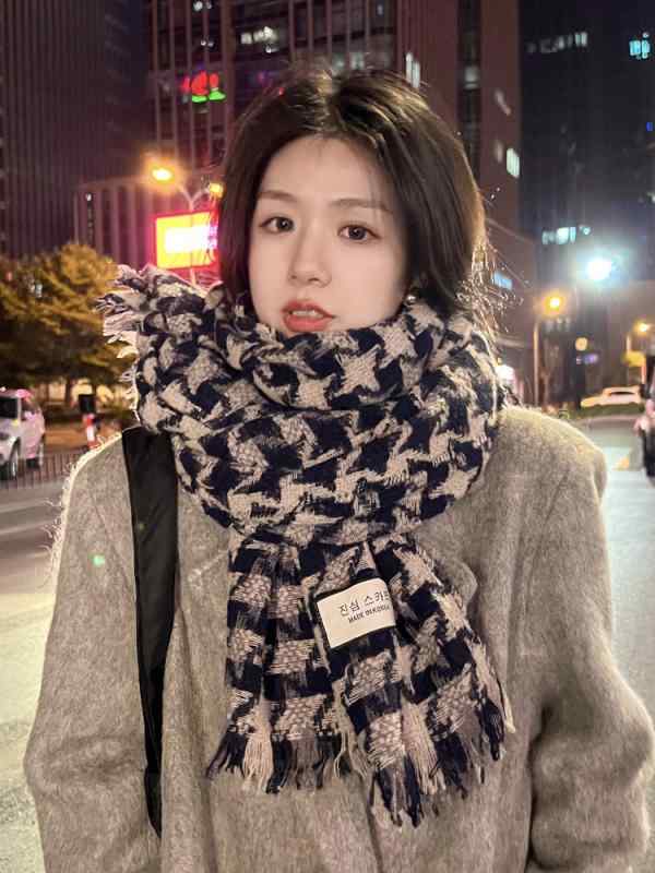 レディース 冬 ニット マフラー 韓国 タッセル 厚手 暖かい チェック柄 スカーフ タッセル 対照的 千鳥..
