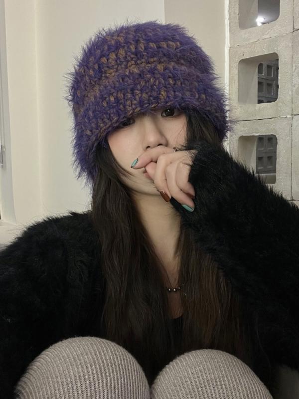 レディース 冬 カジュアル ニット ウール 帽子 太 糸 帽 韓国 暖かい 耳保護 顔 覆い 小顔 覆い バッグ