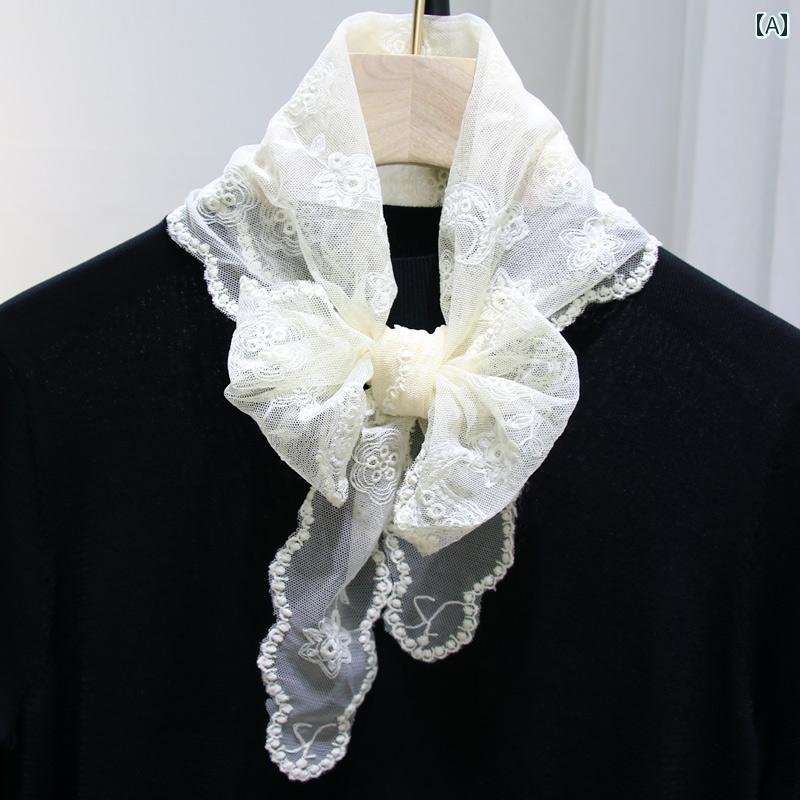 セキュアデポのレディース 秋 春 カシュー フラワー 刺繍 レース ロング スカーフ 装飾用 小さい スカーフ ネック プロテクター ヘア リボン スカーフ｜アングル2