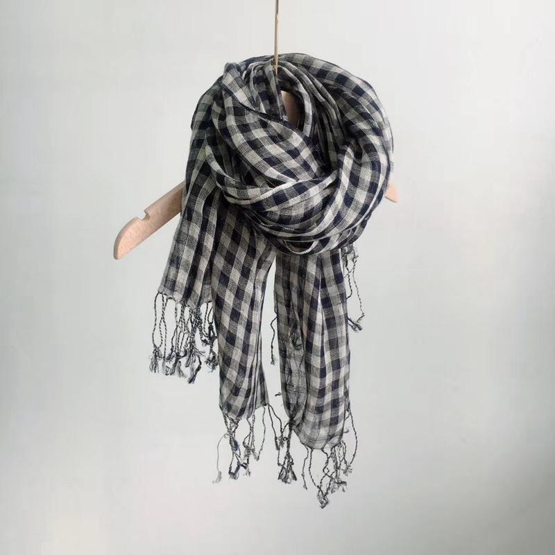 レディース コットン 春秋夏 リネン スカーフ 薄手 チェック ロング ショール 品 リネン スカーフ