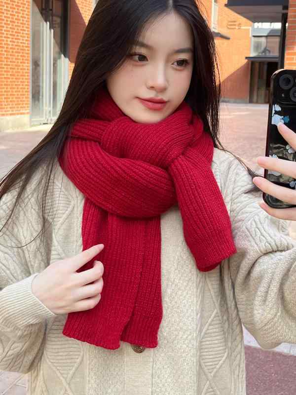 Stole - 冬 ニット ウール マフラー 韓国 ロング スカーフ 女性 ハイエンド 無地 カップル 厚手 暖かい スカーフ 赤