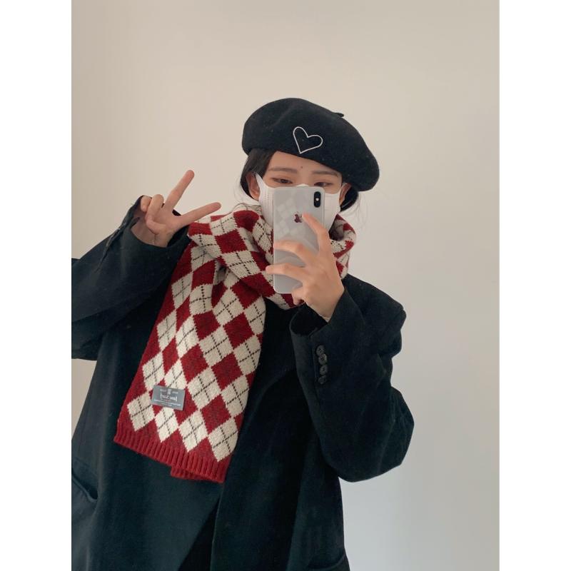 秋 冬 ニット マフラー 韓国 イン 菱形 チェック柄 スカーフ 女性 レトロ 学生 暖かい スカーフ
