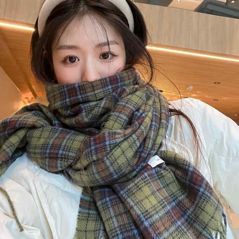 レディース 冬 マフラー かわいい 韓国 レトロ グリーン チェック柄 タッセル スカーフ 暖かい 厚手 シ..