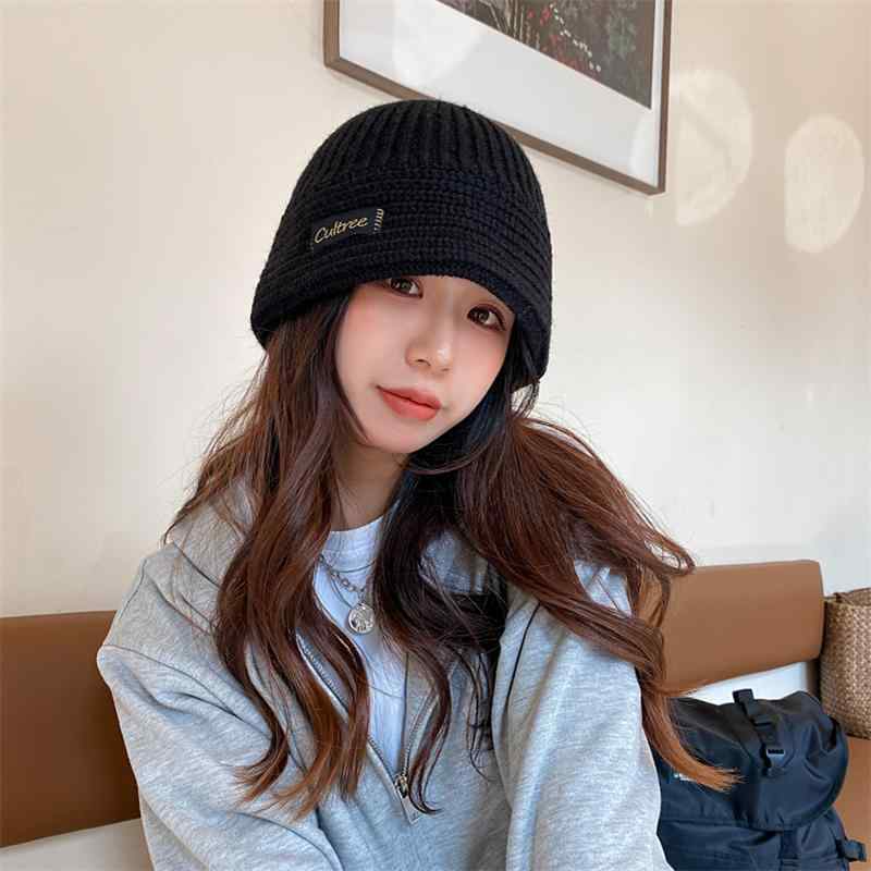 レディース 秋 冬 ニット ウール 帽子 韓国 英語 パッチ バケット ハット バケット ハット 小顔効果 フ..