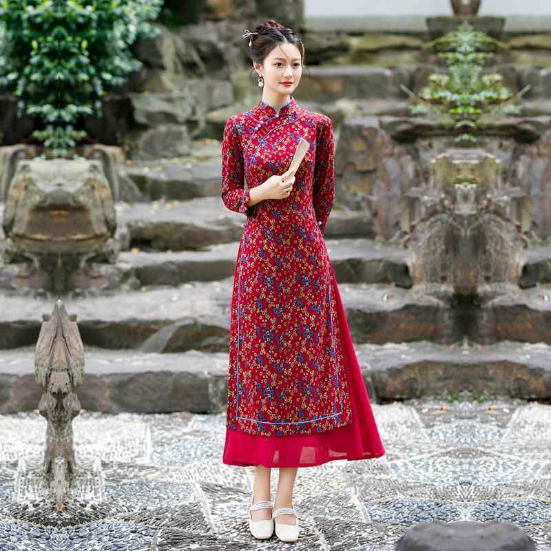 ドレス 秋 冬 長袖 チャイナ 古風 民族 衣装 美しい アオザイ チャイナ 義母 洋風 普段着 服 中華風