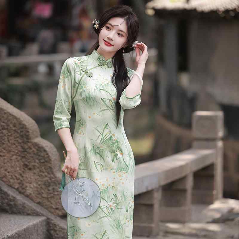 ドレス 秋 冬 チャイナ 美しい 撮影 衣装 スエード ロング 七分袖 デイリー チャイナ 中華風 エレガント スリム