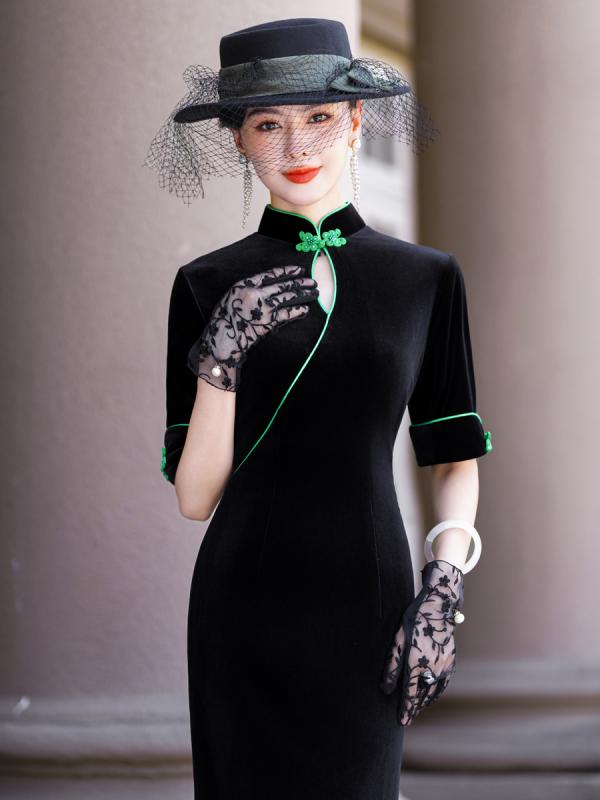 ドレス 秋冬 チャイナ 美しい 撮影 衣装 ブラックゴールド 起毛 ドリップ ホール ロング チャイナ 中華風 清楚 上品