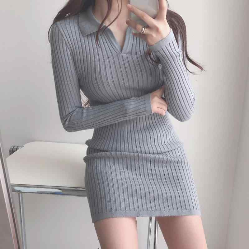 ドレス 秋 ニット 韓国 シック フレンチ レトロ スリムフィット 汎用性 ピット ストライプ ポロ カラー リブ ヒップ ハグ